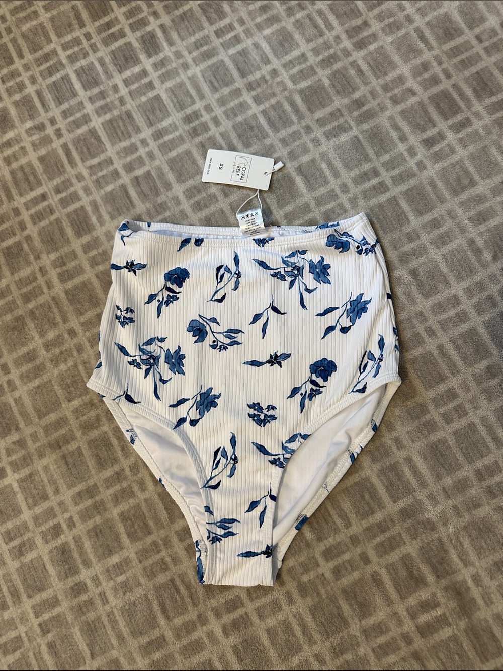 Coral Reef High-Waist Floral Women Bottoms - White with Blue Print XS NWT